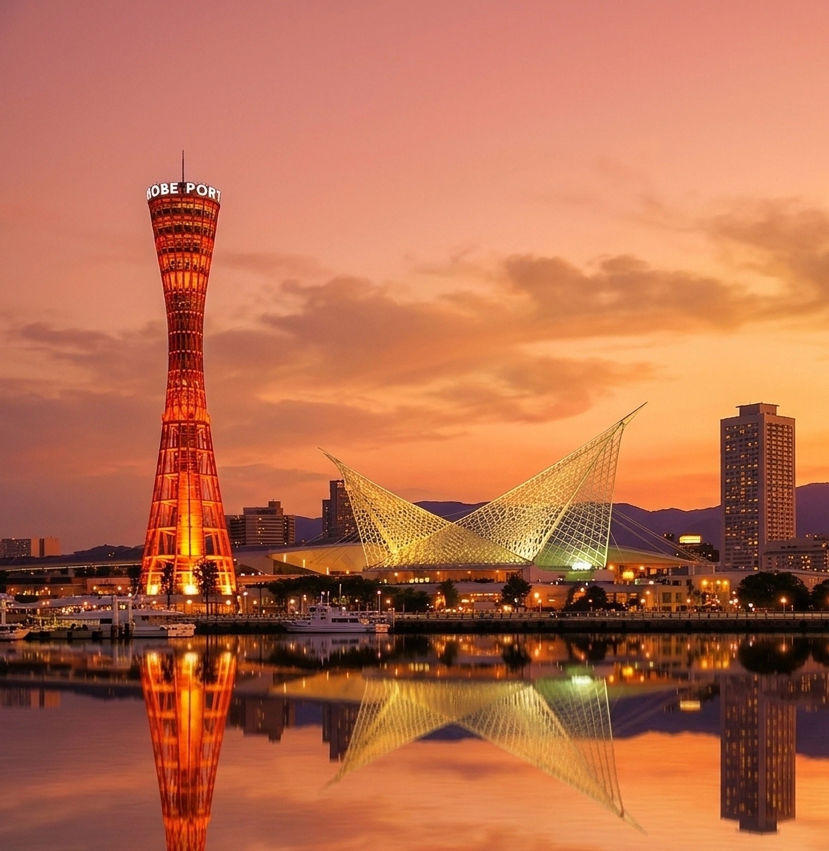 Kobe Port Tower and skyline at sunset - Yetti Kobe Headquarters